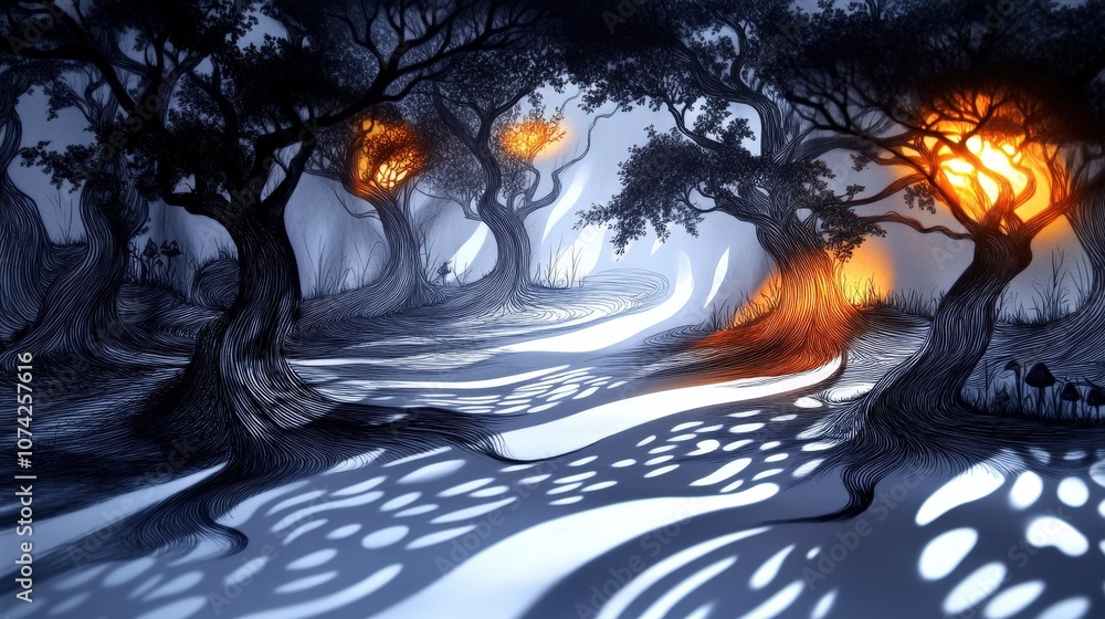 Poster enigmatic forest landscape at dusk with luminous trees casting intricate shadows and a mysterious pa