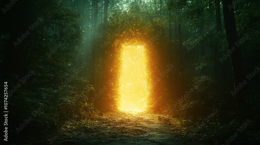 Poster enigmatic golden portal in enchanted forest with mystical light and ethereal glow inviting explorati