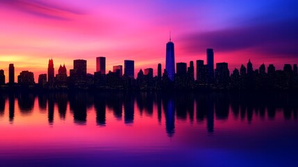 Obraz premium A city skyline silhouetted against a vibrant pink and blue sunset, with its reflection mirrored in the water below.