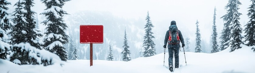 A skier navigating through a snowy landscape with pine trees.
