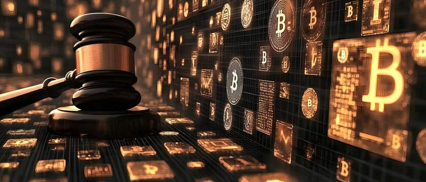 A visual representation of cryptocurrency regulations and legal concepts with a gavel and Bitcoin symbols.