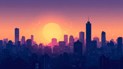 A colorful sunset over a city skyline with tall buildings and a bright, yellow sun.