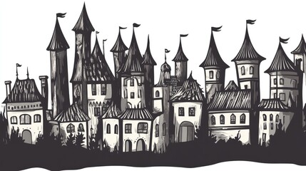 Obraz premium Cartoon illustration of an abstract rubber stamp featuring a famous castle in a stylized design