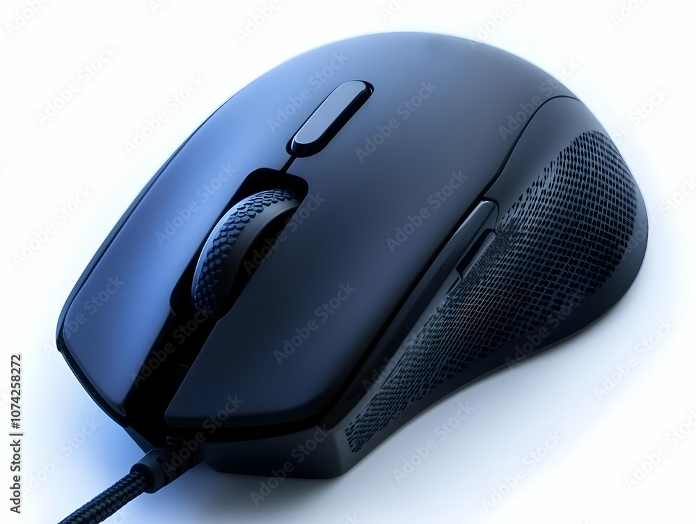Poster close-up of a sleek black computer mouse showcasing its ergonomic design and features for enhanced u