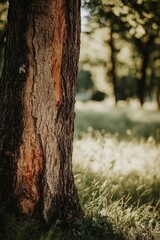 Fototapeta premium Close-up of a tree trunk with rough bark, sunlight illuminating the scene.