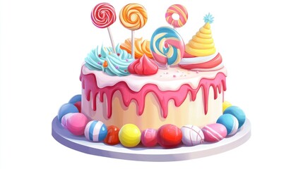 Adorable birthday cake adorned with candies lollipops and icing perfect for a festive celebration 2D cartoon illustration set against a white background