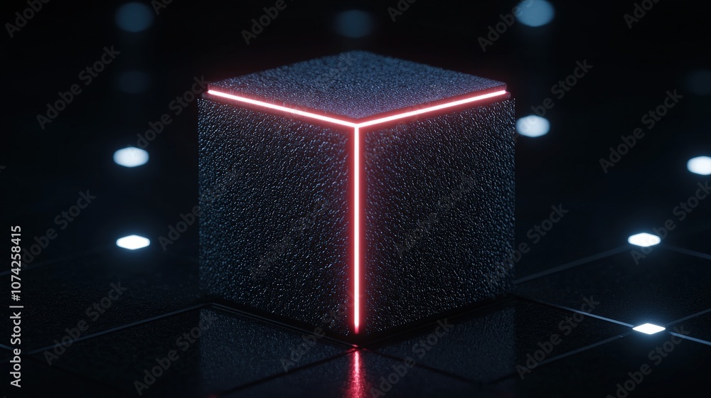 Poster abstract geometric cube with neon lights cyberpunk style 3d render