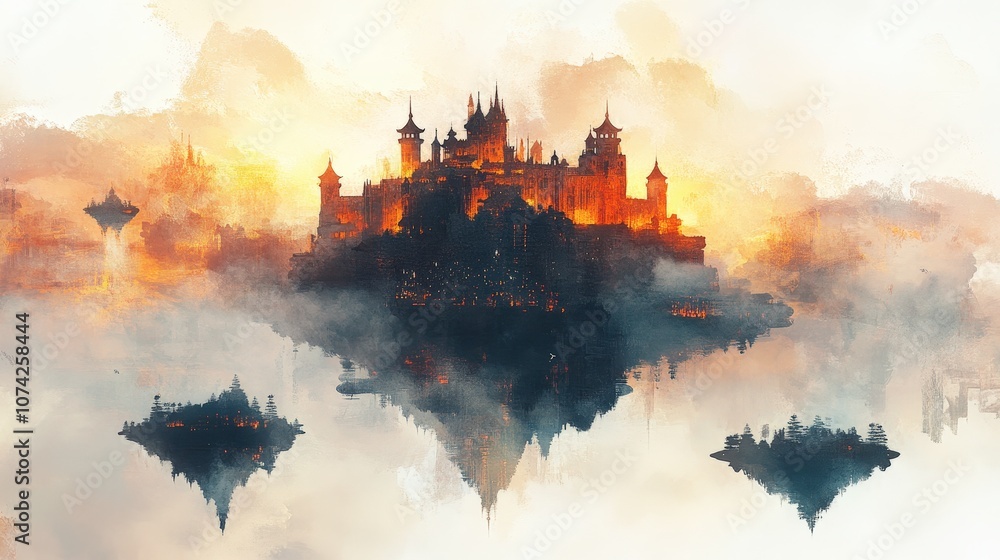 Aufkleber enchanted castle surrounded by mysterious floating islands at dawn with fiery clouds reflecting on c