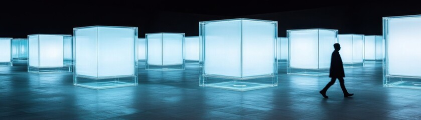 A solitary figure walks among illuminated cubic installations.