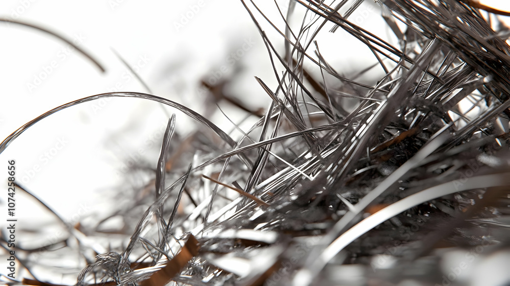 Poster close-up view of metallic shavings, showcasing intricate patterns and textures in a workshop environ