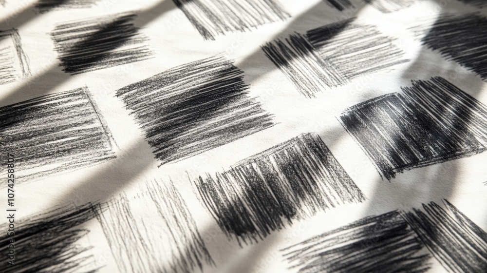 Poster abstract black and white pattern with textured squares created using charcoal effect, ideal for back