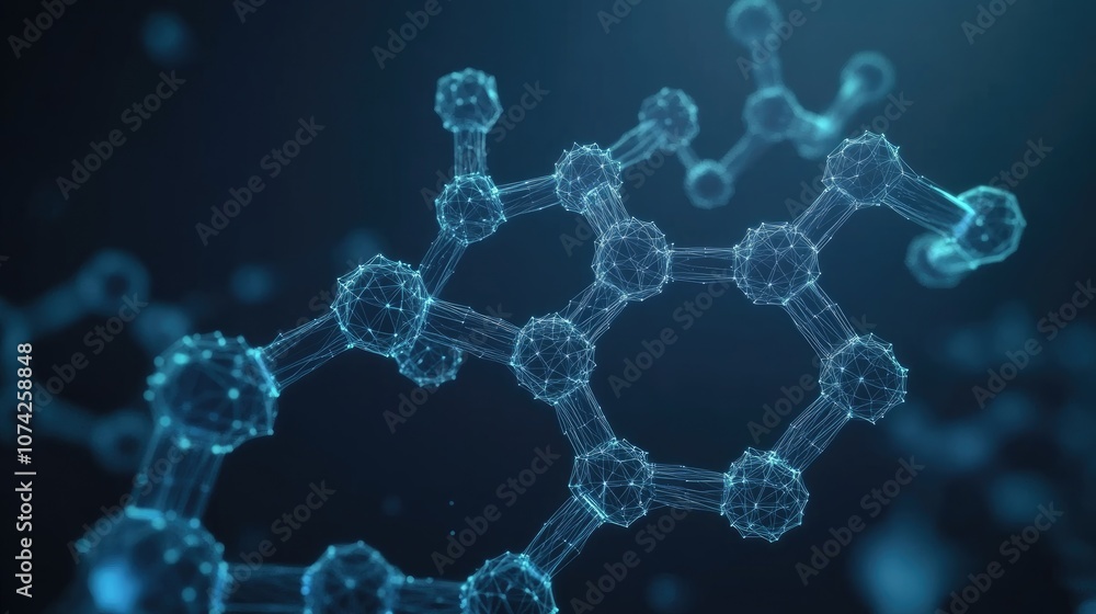 Poster wireframe hexagonal molecule structure low poly 2d cartoon illustration representing connections in 