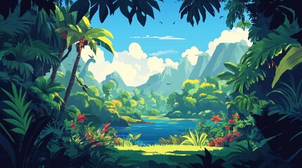 Nature landscape with vibrant vegetation illustrated in a simple 2D cartoon style