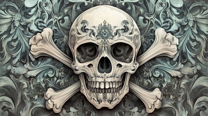 Stylized skull and crossbones design with intricate details and a modern artistic flair