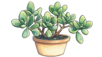 Hand drawn illustration of Crassula ovata also known as Jade Plant or Money Tree a succulent ideal for enhancing garden aesthetics