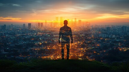 Fototapeta premium A silhouette of a person gazing at a vibrant urban sunset, symbolizing inner reflection.