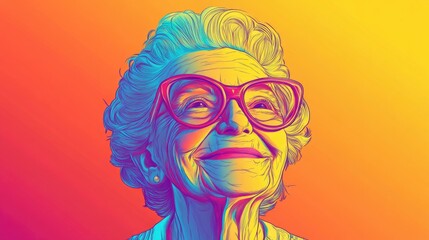 Colorful gradient line illustration of a cheerful elderly woman in a cartoon style