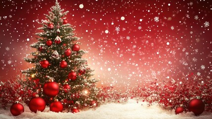 Red background featuring Christmas balls a tree and winter snowflakes