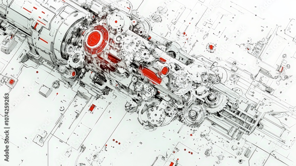Poster abstract mechanical design featuring intricate gears and red accents in a futuristic style with deta