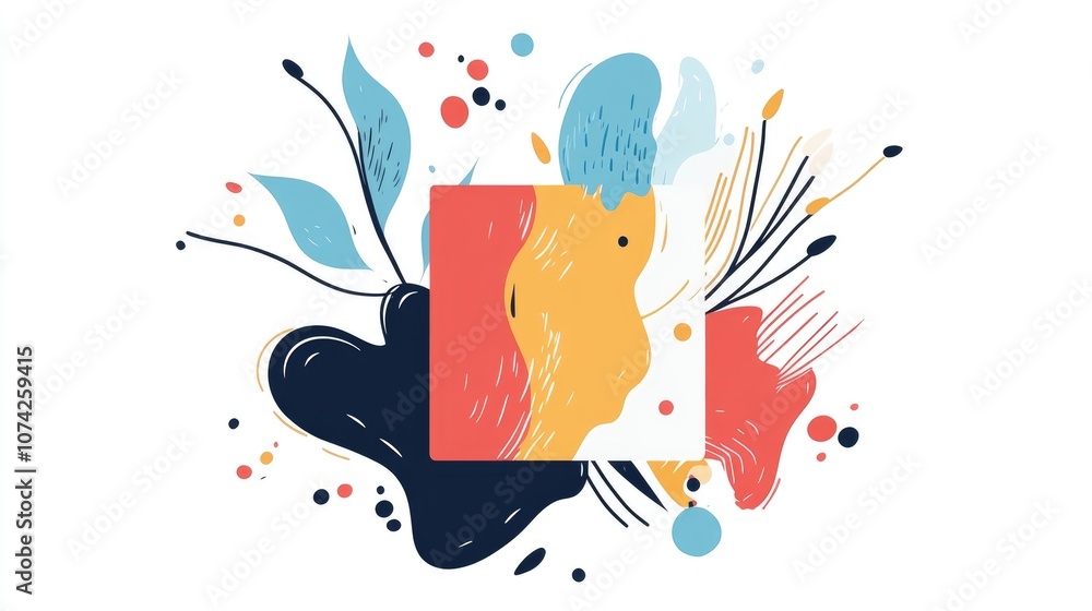 Poster abstract 2d cartoon illustration featuring a square shape with colorful design elements on a white b