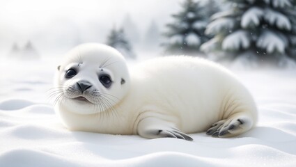 cute baby seal lying on white snow