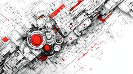 Abstract geometric design featuring intricate patterns and bold red accents on a white background, perfect for modern art, technology, and creative projects.