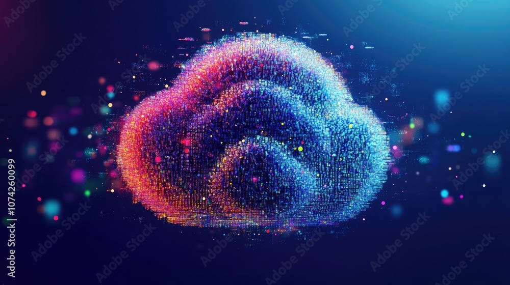 Poster 2d cartoon illustration of an abstract round word cloud representing concepts related to cloud compu