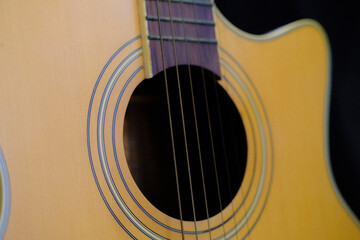 Photo of guitar in close-up, strings of a acoustic guitar.