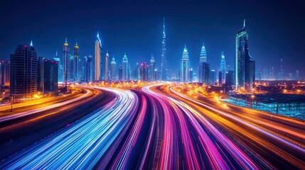 A vibrant cityscape at night showcasing illuminated skyscrapers and light trails on a highway.