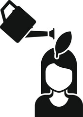 Watering can pouring water on growing leaf on woman's head, representing personal growth, ideas, and potential