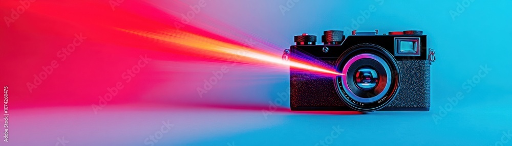 Poster a vibrant camera emitting colorful light beams in a dynamic setting.