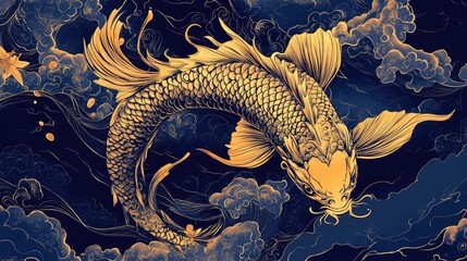 Hand drawn illustration of a Koi fish with a dragon head featuring a gold silhouette design ideal for coloring books and 2D cartoon art