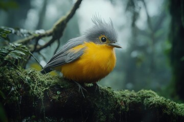 A colorful bird perched on a branch in a lush green forest.