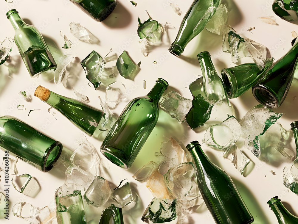 Poster scattered green glass bottles and shards create a chaotic yet artistic visual display on a light bac