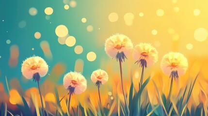 2D cartoon illustration featuring an abstract background with dandelions