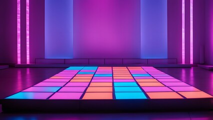 A podium designed like a neon lit dance floor with colorful squares that light up in a rhythmic, Ai Generated