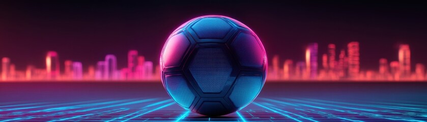 Naklejka premium A vibrant neon soccer ball against a futuristic city skyline.