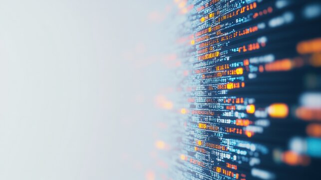 a computer code editor with highlighted syntax blending into a digital matrix pattern white background