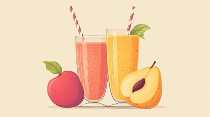 Peach and pear smoothie recipe Menu item for a cafe with a vibrant fresh drink in flat style Promotes a healthy lifestyle Organic raw shake 2D cartoon illustration