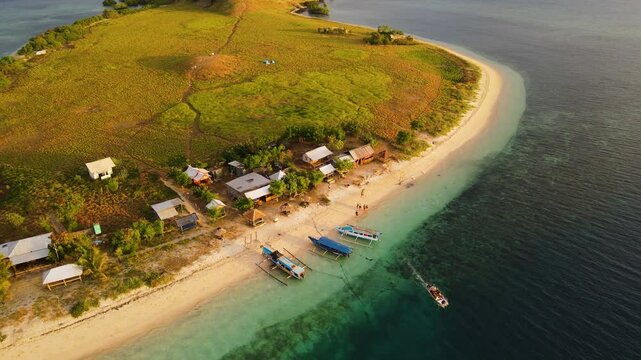 Traditional Boats At The Shore Of Gili Bola (Bedil Island) Island In Sumbawa Regency, West Nusa Tenggara Province, Indonesia. Aerial Shot