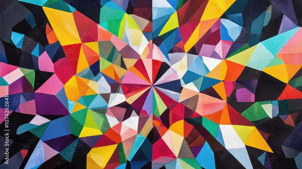 Poster fragmented crystal mandala design featuring vibrant abstract shapes ruptured tessellated patterns cr