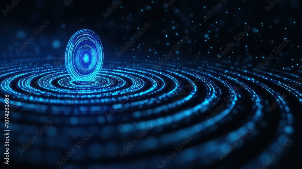 Poster abstract blue light with concentric circles and glowing particles.