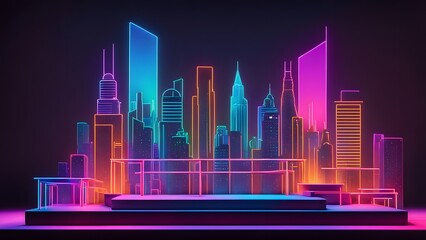 A podium designed like a vibrant city skyline with colorful building silhouettes and neon lights, Ai Generated