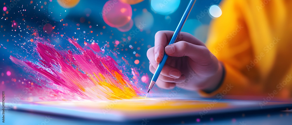 Poster a creative hand creating a vibrant artwork with dynamic colors splashing off the canvas, symbolizing
