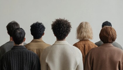 A group of people stand in a row, facing a white wall, with their backs to the camera.