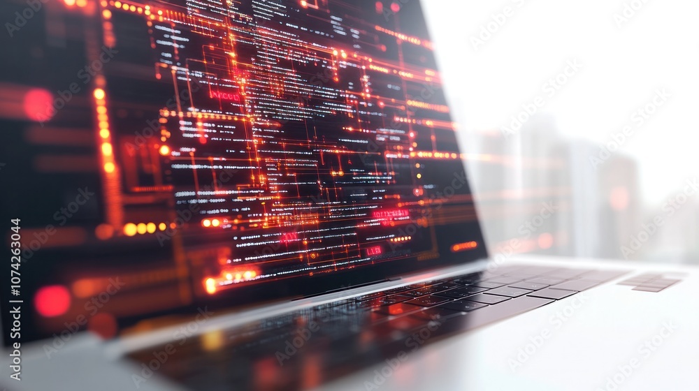 Poster futuristic 3d representation of software codes flowing from a laptop screen in a digital stream with