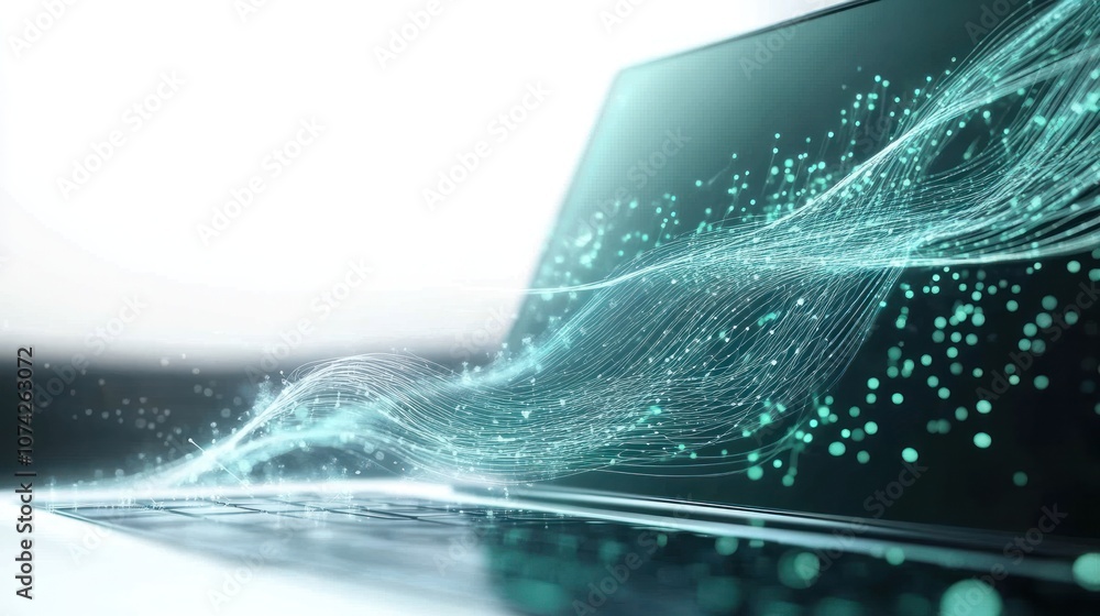 Poster futuristic 3d representation of software codes flowing from a laptop screen in a digital stream with