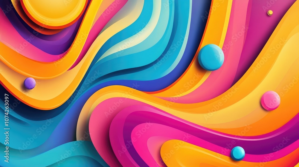Aufkleber colorful circles create dynamic curved lines in a fluid text design for a vibrant 2d cartoon illustr