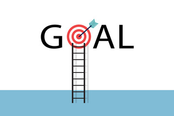 Ladder lay on the red target or goal over white background. Business, finance and education achievement concept. Stair to success concept. Flat vector illustration.