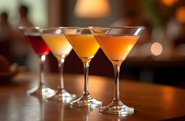 Many glasses with cocktails on the buffet table